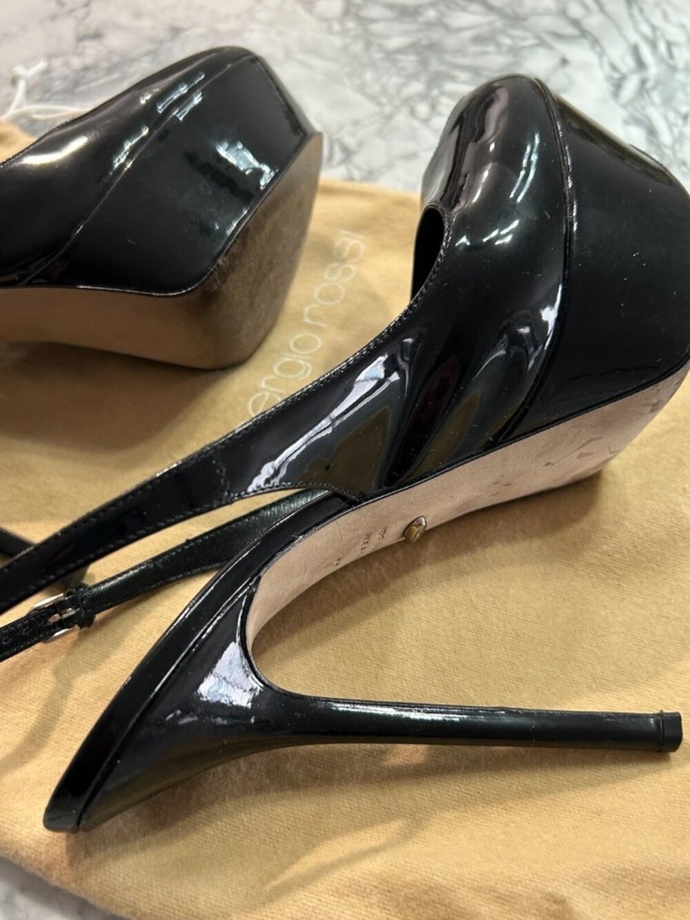SERGIO ROSSI Black Patent Leather Platform Slingback Sandals Almond Peep Toe - Picture 5 of 8